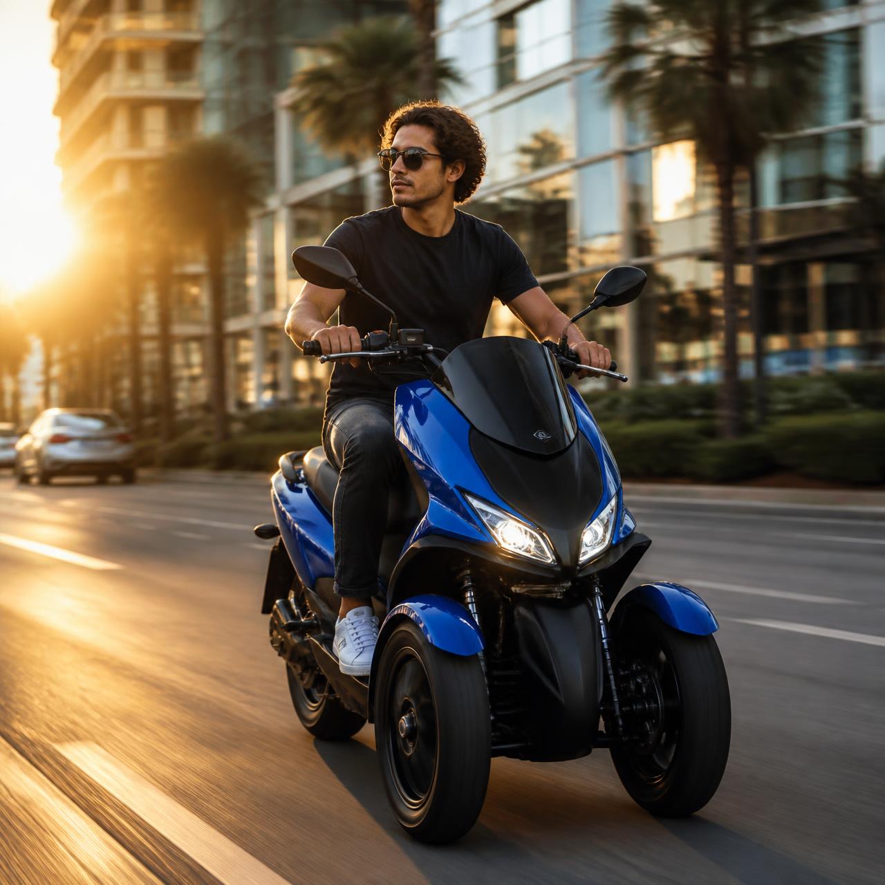 Man rijdt op een sportieve blauwe elektrische 3-wieler scooter door de stad